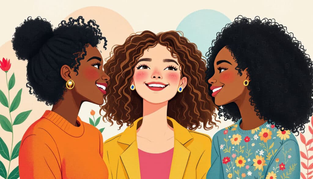 Three women with different hairstyles are smiling at each other in a fun, colorful setting. Two wear floral-patterned tops, and one sports a vibrant yellow jacket. The stylized background bursts with flowers, adding to the lively  fun fund of energy in the scene.