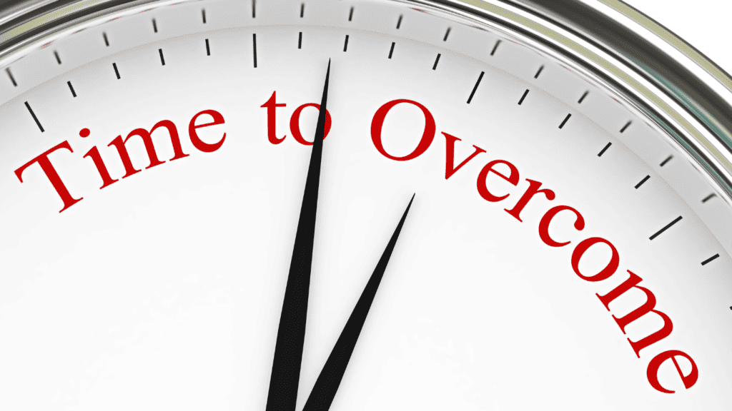 A  picture of a clock showing Time to Overcome