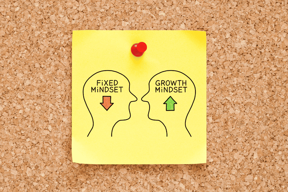 Drawing of 2 faces on a sticky note representing fixed mindset vs. growth mindset.