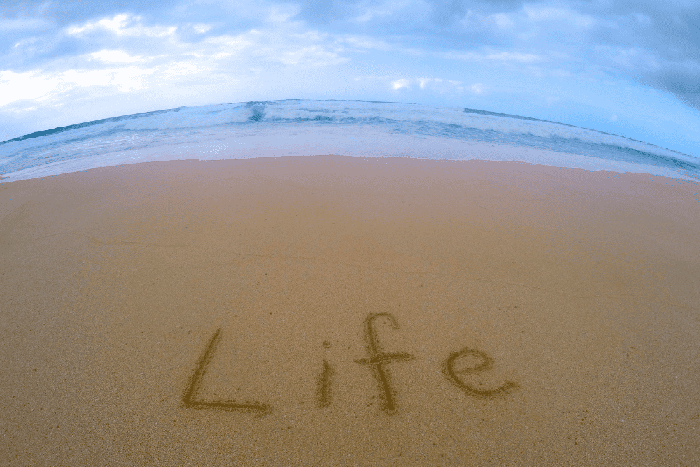 ''Life'' written on the beach sand.