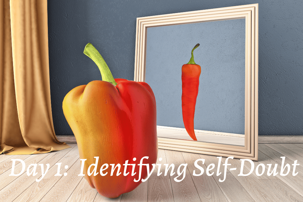 Self-doubt through looking in the mirror.