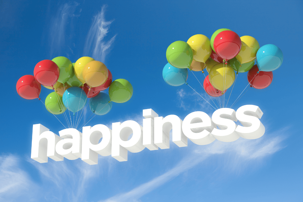 Happiness written un the colorful balloons.