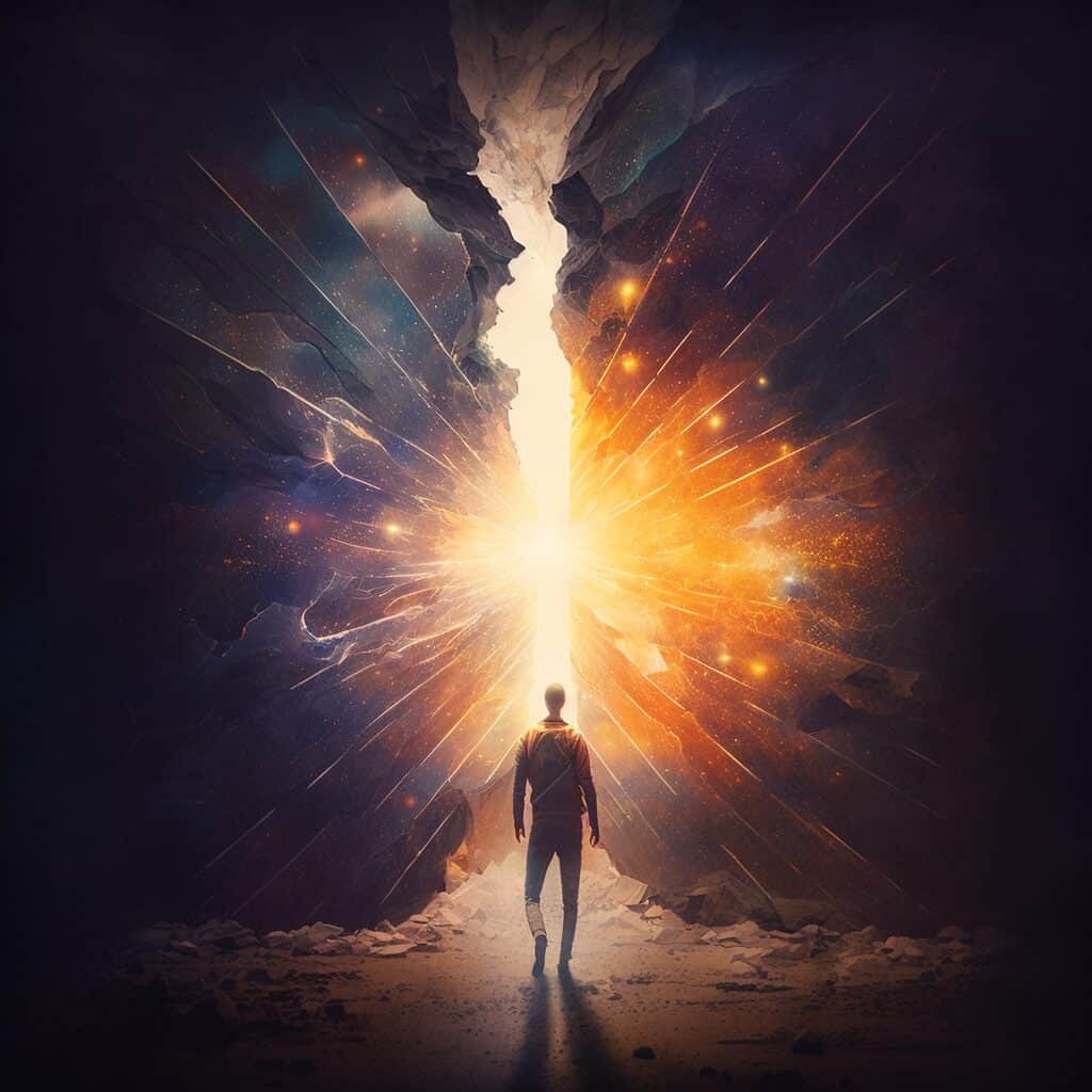 A man walking through the path of light.