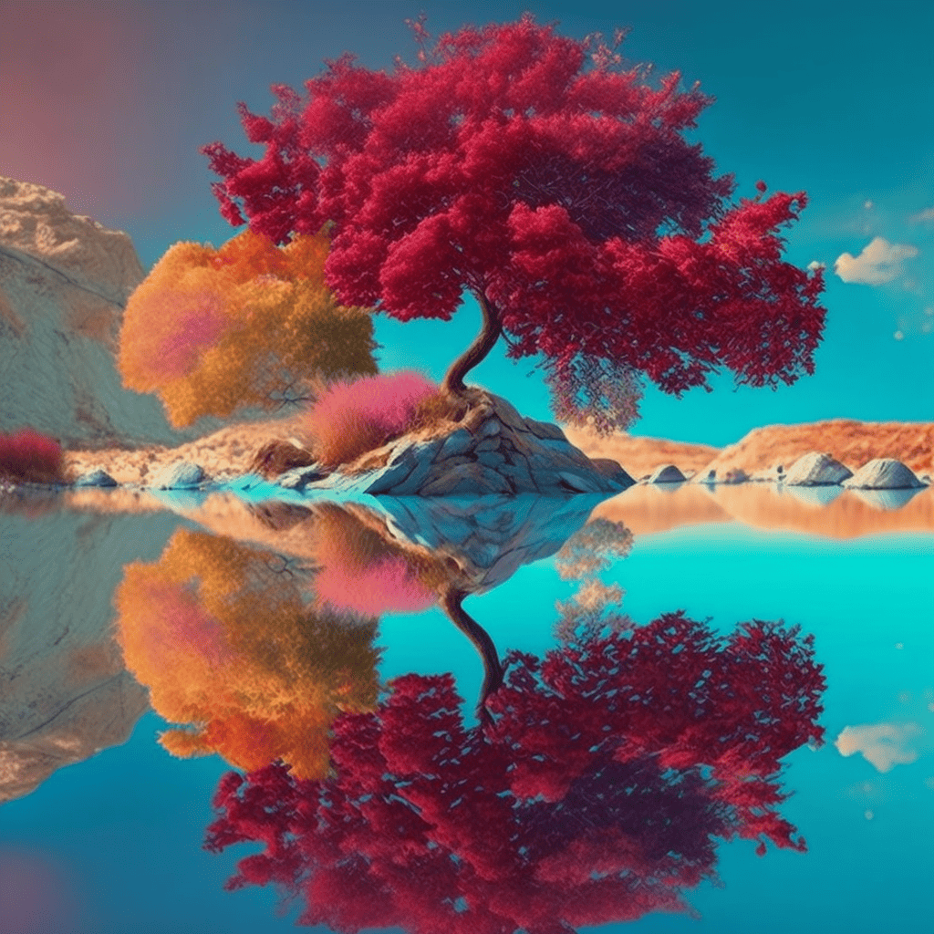 A colorful tree with it reflection in the water