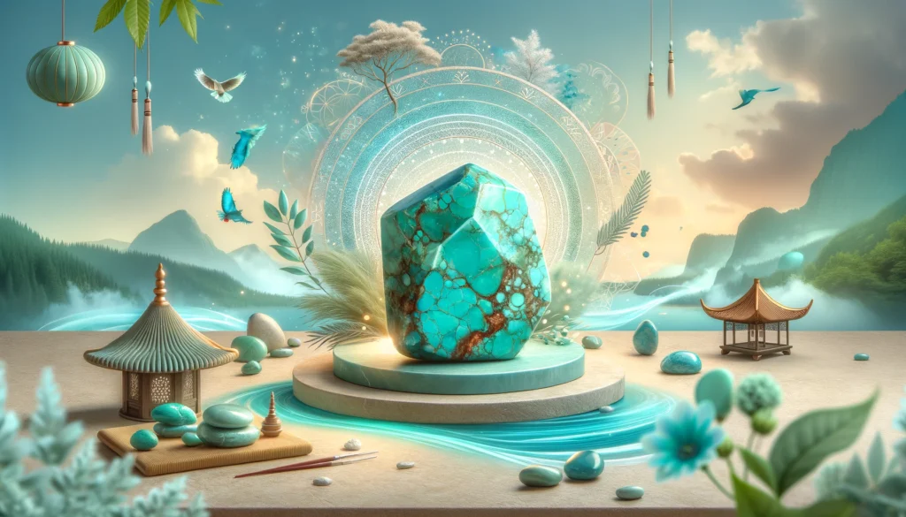 An image of a turquoise stone in the middle of a mountain. Emanating a peaceful and soothing aura, surrounded by elements that symbolize calm and relaxation