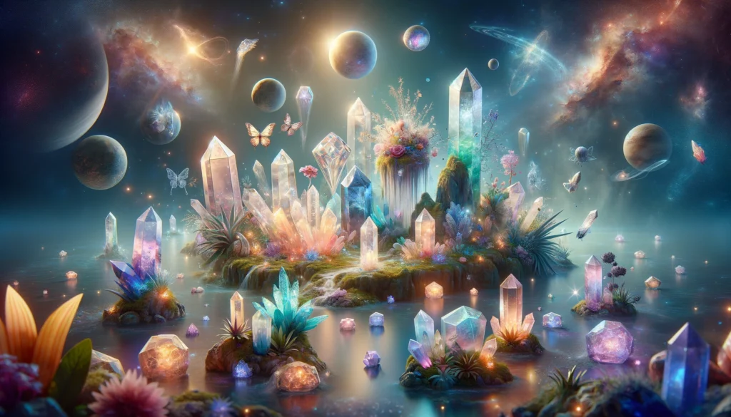 Gemstones and crystals for confidence  floating in a whimsical, magical environment with elements, emphasizing their unique energy and magical qualities.