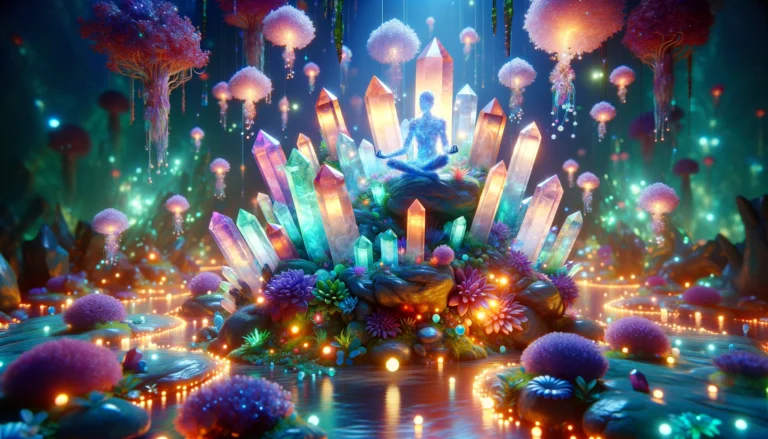 Gemstones and crystals for confidence floating in a whimsical, magical environment with elements, emphasizing their unique energy and magical qualities.