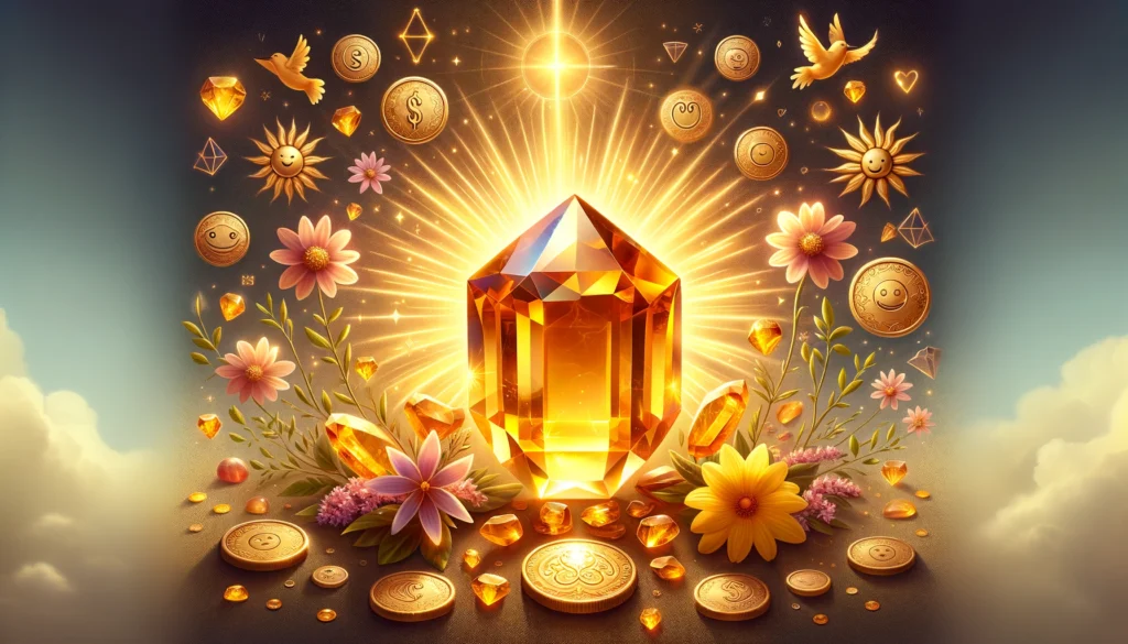 Golden Citrine crystal surrounded by coins and flowers.