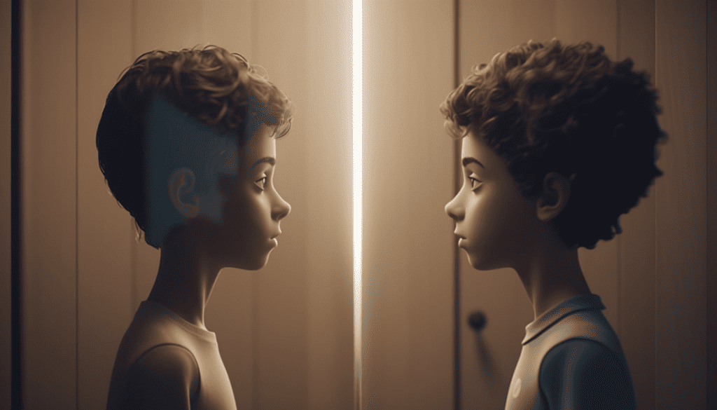 A boy seeing himself in the mirror