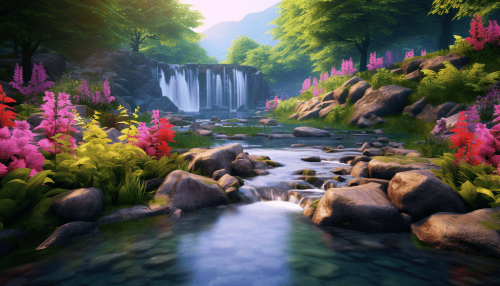 Waterfall, colorful flowers and slippery rocks