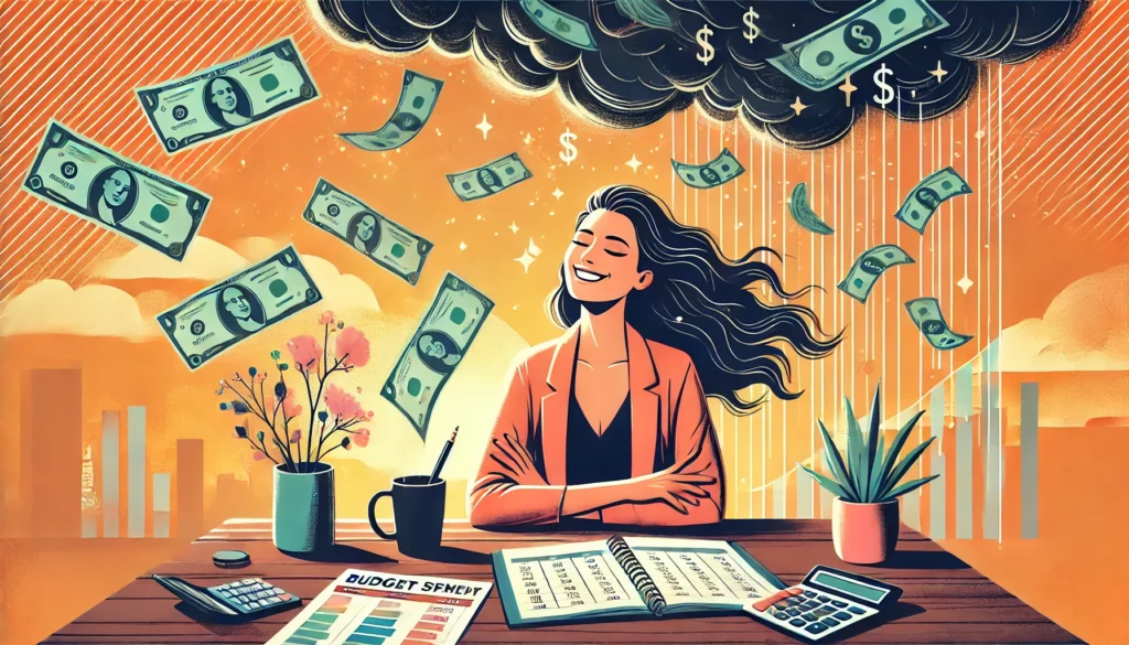 Smiling confidently under a cloud raining money, the woman at her desk shows how budgeting can reduce stress. Surrounded by budget sheets, a calculator, plants, and floating dollar bills, she embodies financial peace and organization.