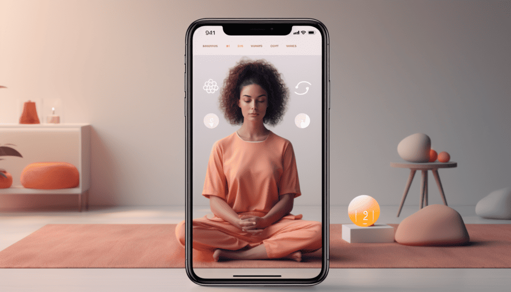 A lady meditating and a phone symbol. Self-Care Apps and Tools for Daily Practice