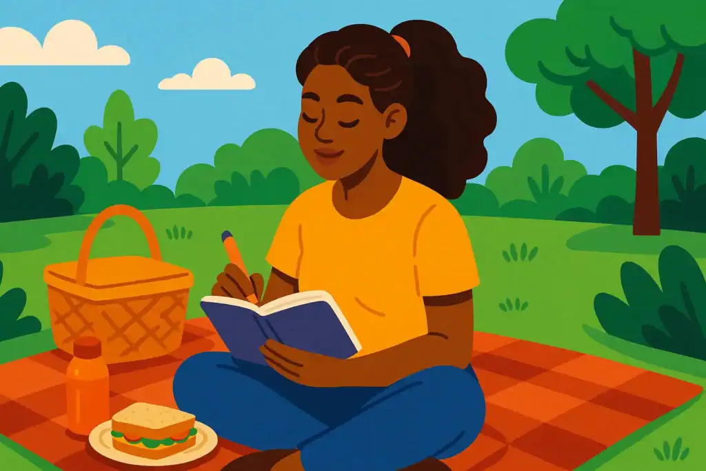 A woman sits on a picnic blanket in a park, practicing frugal habits as she writes in her notebook, with a homemade sandwich, reusable bottle, and basket beside her on the grass.