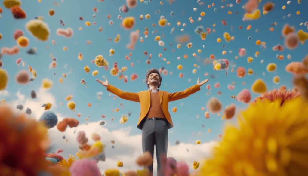 A man happy because it is raining candy floss