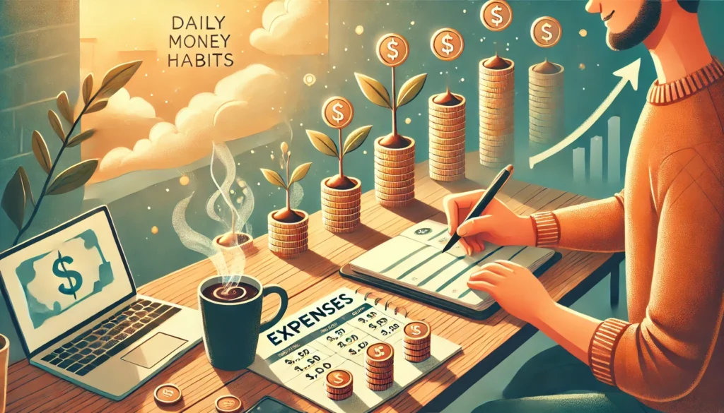 Illustration of a person managing finances at a desk with notebooks, laptop, coffee, and money plants. Text reads: "Daily Money Habits." Coins and arrows suggest financial growth. Discover how budgeting can reduce stress as you organize your financial journey.