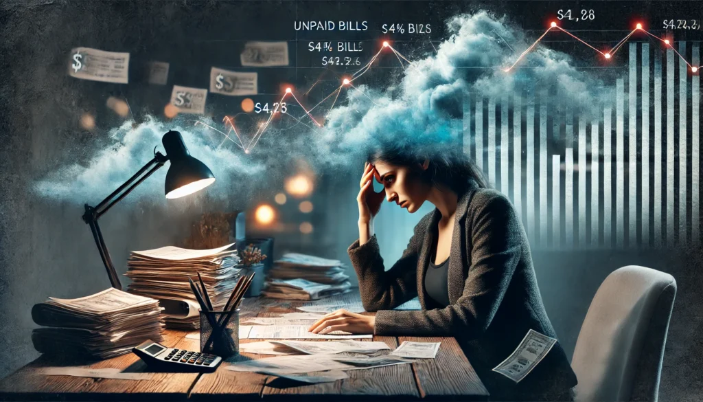 A person overwhelmed by bills sits at a cluttered desk, surrounded by floating papers and a cloud above their head. A financial graph and unpaid bill amounts loom in the background, highlighting how budgeting can reduce stress amidst the chaos.