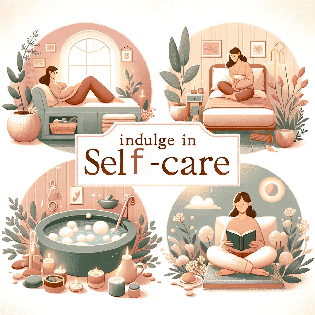 A character enjoying a peaceful spa day, reading in a cozy environment, or meditating.