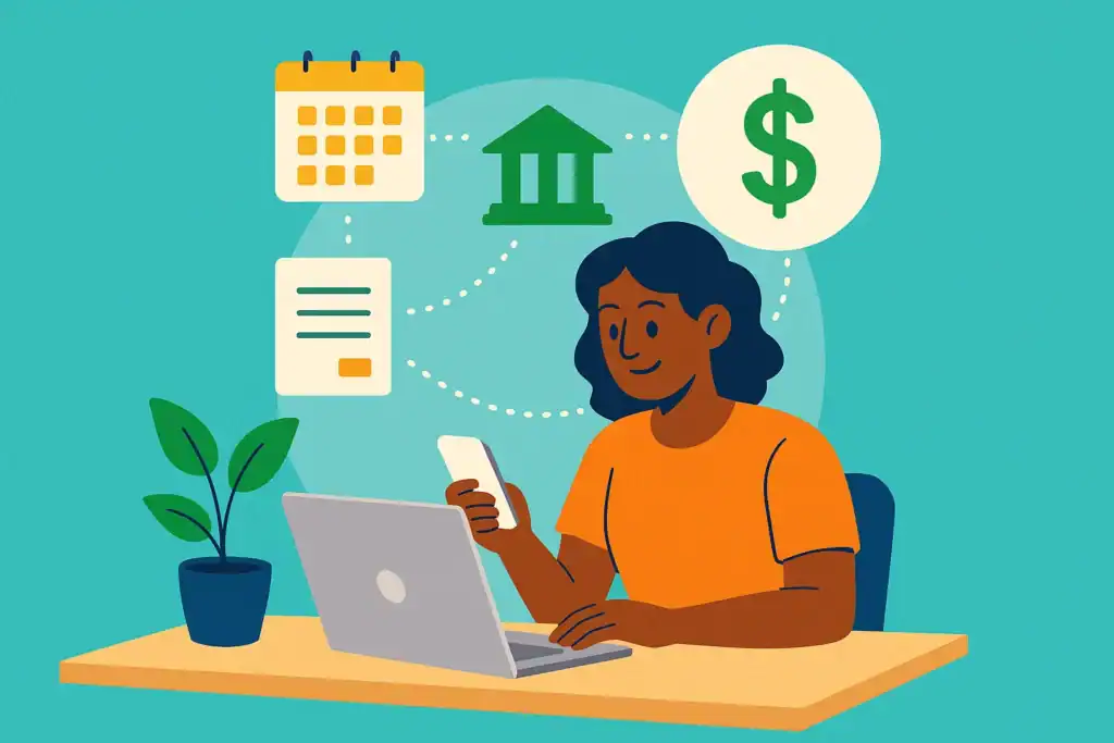 An illustrated person sits at a desk using a laptop and smartphone, as icons of a calendar, bank, document, and dollar sign float above—representing frugal habits to save money in daily life.