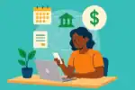 An illustrated person sits at a desk using a laptop and smartphone, as icons of a calendar, bank, document, and dollar sign float above—representing frugal habits to save money in daily life.
