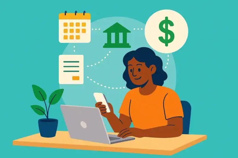 An illustrated person sits at a desk using a laptop and smartphone, as icons of a calendar, bank, document, and dollar sign float above—representing frugal habits to save money in daily life.