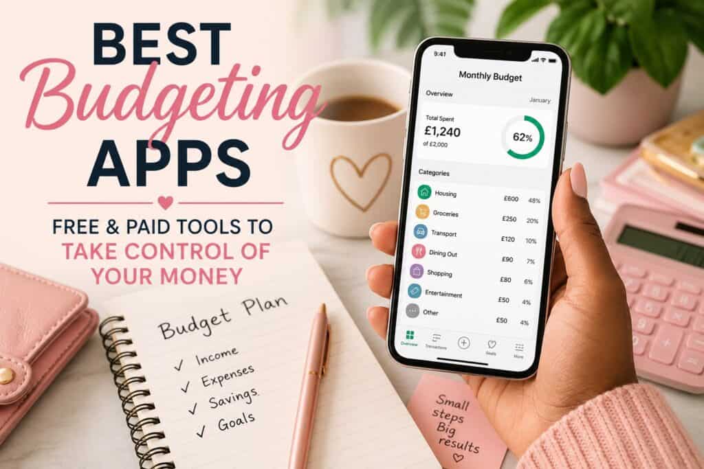 A hand holding a smartphone displaying one of the best budgeting apps for beginners, with a notepad, pen, mug, and pink calculator on a desk; text reads “Best Budgeting Apps.”.
