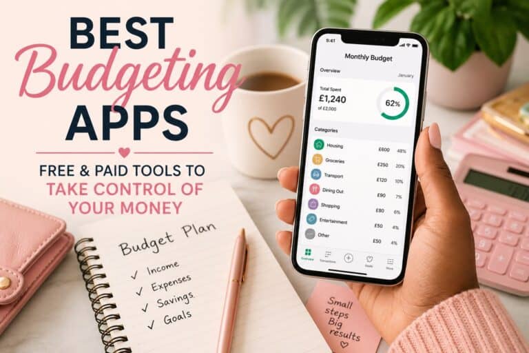 A hand holding a smartphone displaying one of the best budgeting apps for beginners, with a notepad, pen, mug, and pink calculator on a desk; text reads “Best Budgeting Apps.”.