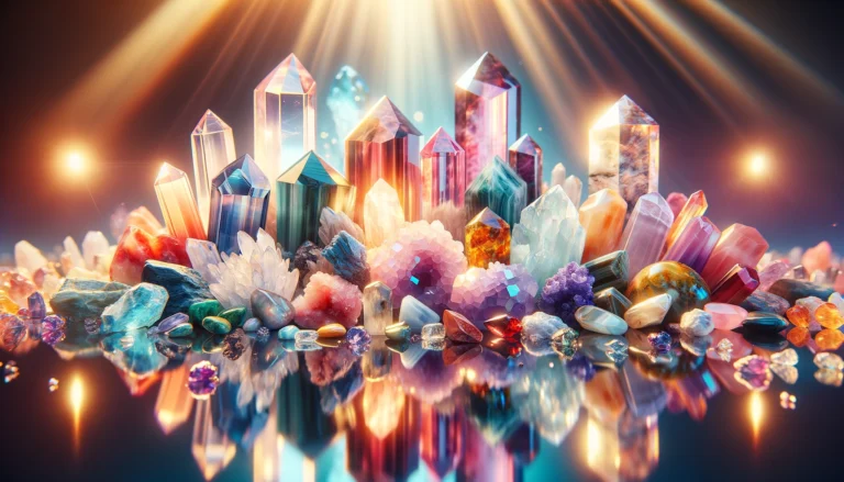 Bright, detailed display of various crystals and stones for courage and confidence.