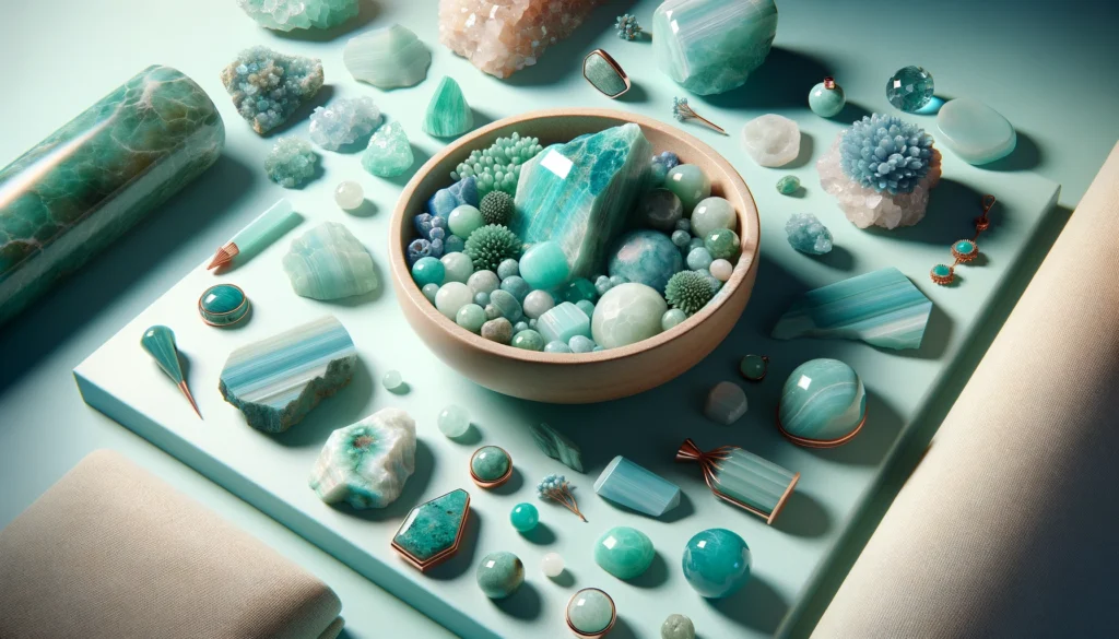 Amazonite highlighting the stone's soothing blue-green color and its varying textures. 