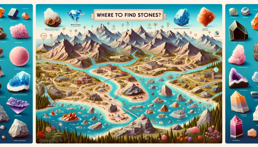 A map-like layout that showcases different natural environments where various types of stones can be found, such as mountains, rivers, beaches, and mines.