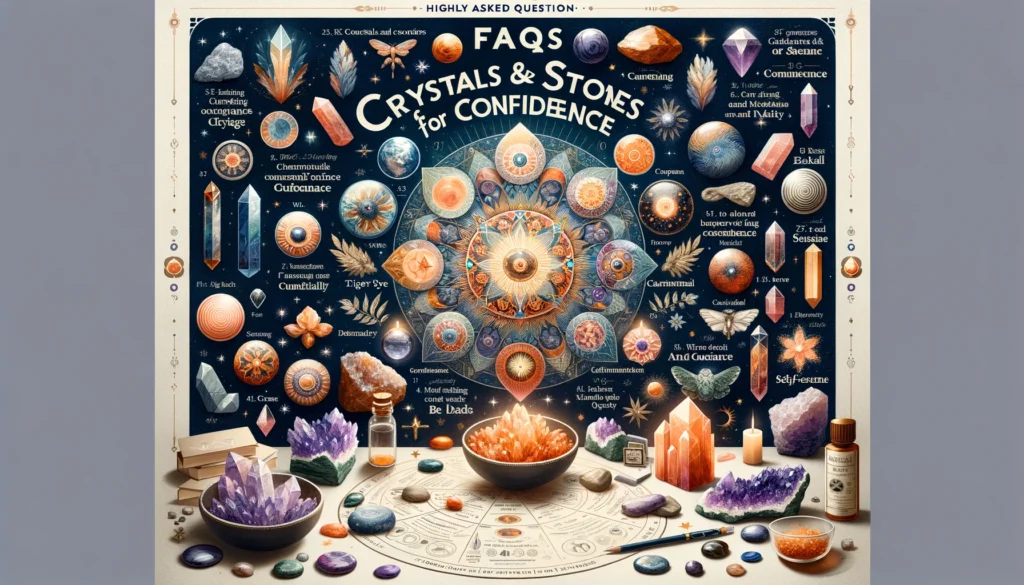 A layout with questions and answers related to choosing and using crystals and stones to enhance courage and confidence.