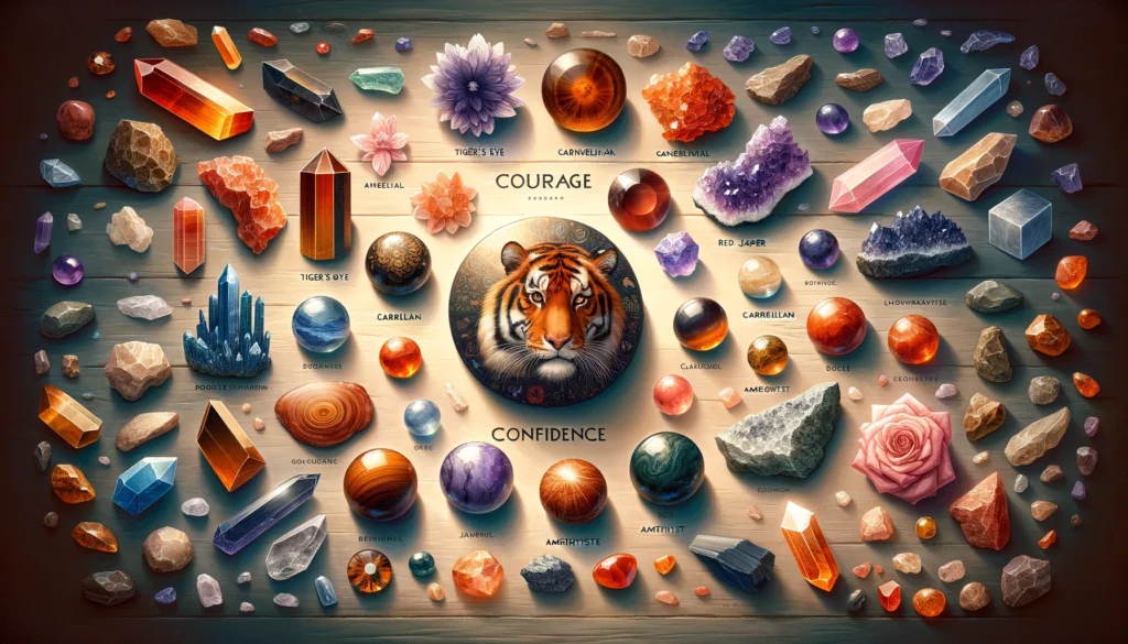 Various crystals and gemstones, including tiger's eye, carnelian, red jasper, and amethyst. Each stone is clearly displayed and set against a backdrop.