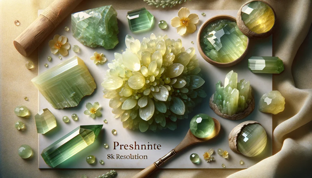 Prehnite highlighting its unique properties such as the soft green to yellow-green color and its translucent to transparent texture. 