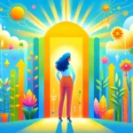 A confident woman standing tall, with a backdrop of bright sunlight, colorful nature scenes, and symbols of growth like plants and upward arrows.