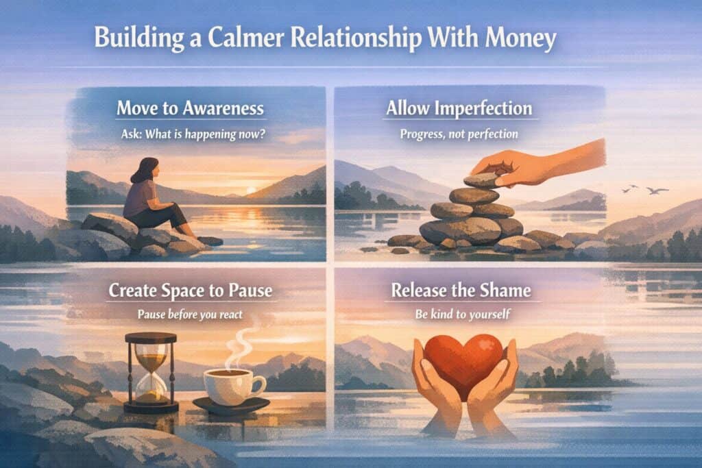 An illustrated guide titled "Building a Calmer Relationship With Money" with four sections: Move to Awareness, Allow Imperfection, Create Space to Pause, and Release the Shame—ideal for those seeking budgeting without stress.