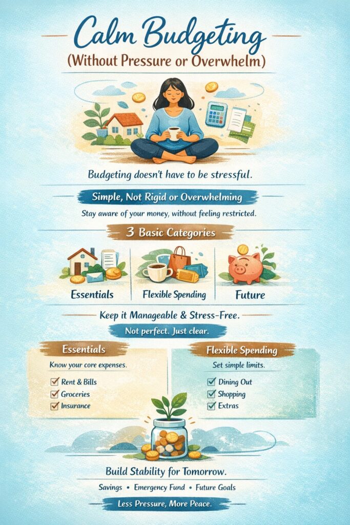 An illustrated guide to calm budgeting, showing essentials, flexible spending, and future—plus tips on how to stop worrying about money by reducing pressure and building lasting financial stability.