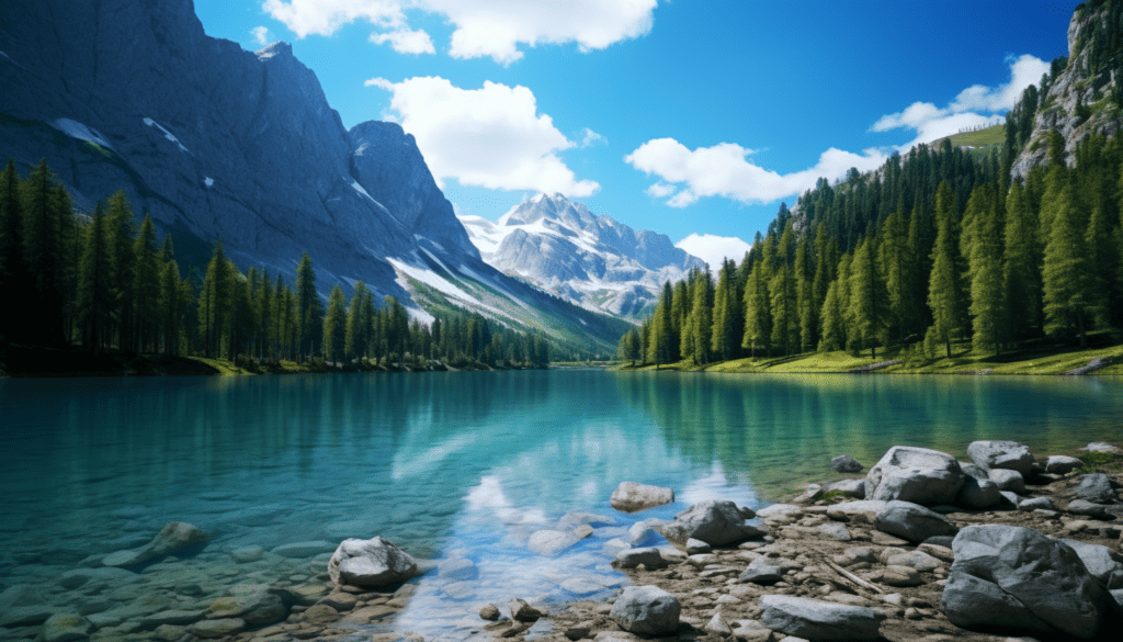 Calm water with trees along both sides