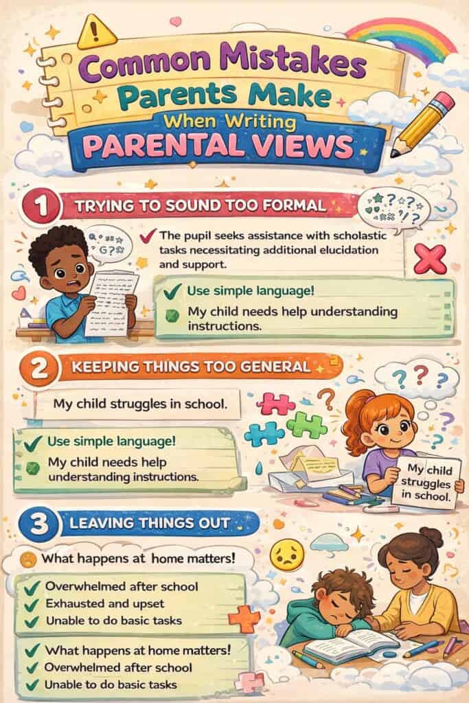 An infographic on how to write parental views EHCP: avoid sounding too formal or general, and don’t leave things out. Includes tips to use simple language, add details, and an EHCP parental views example for guidance.