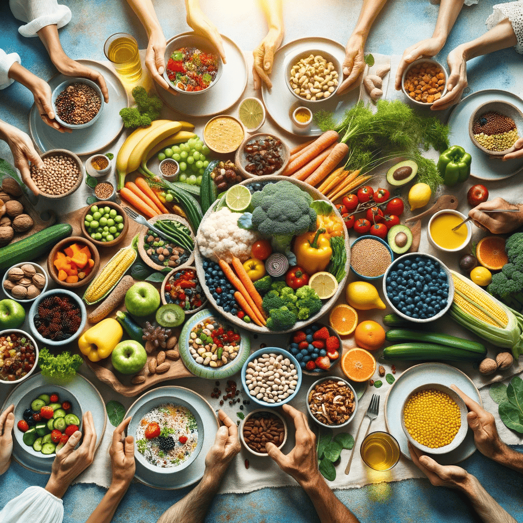 A vibrant meal spread from a Blue Zone region, emphasizing communal eating and the connection between diet and longevity