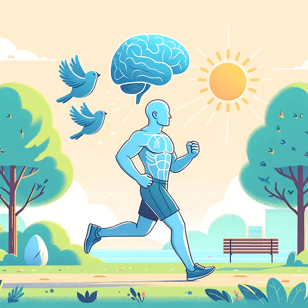 An individual jogging in a park with a clear mind, birds chirping around, and the sun shining brightly. 