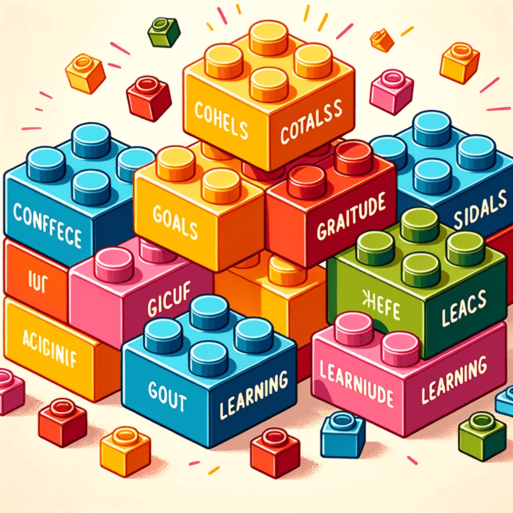 An illustration representing the building blocks of habits for personal growth and success using colorful Lego pieces.