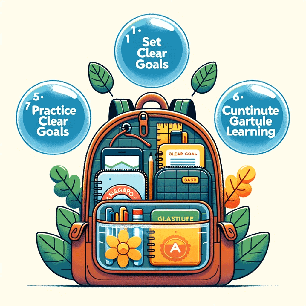  Illustration of a backpack with compartments, each labeled with one of the habits like 'Set Clear Goals', 'Practice Gratitude', 'Continuous Learning