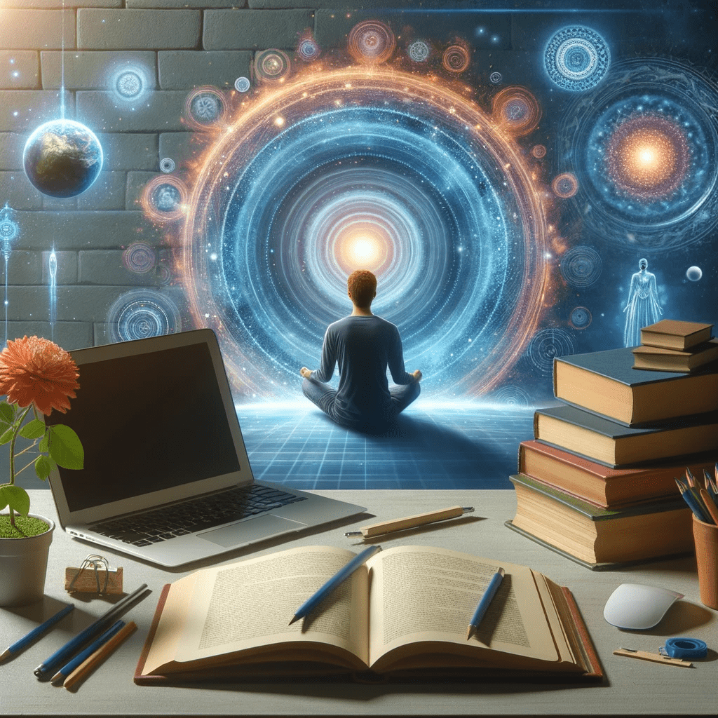 A person in a serene setting, surrounded by books, a laptop, and some learning tools, emphasizing continuous learning and personal development.