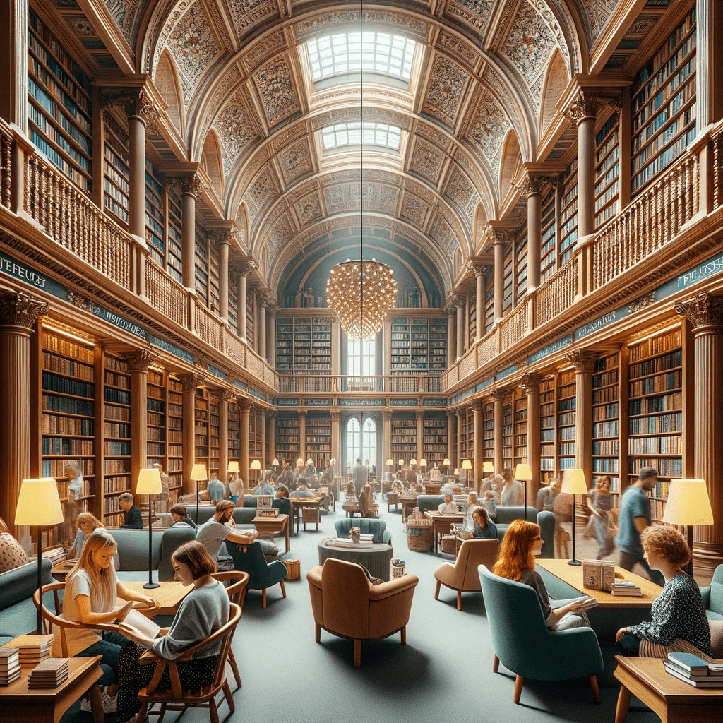 A grand interior of a library filled with people.