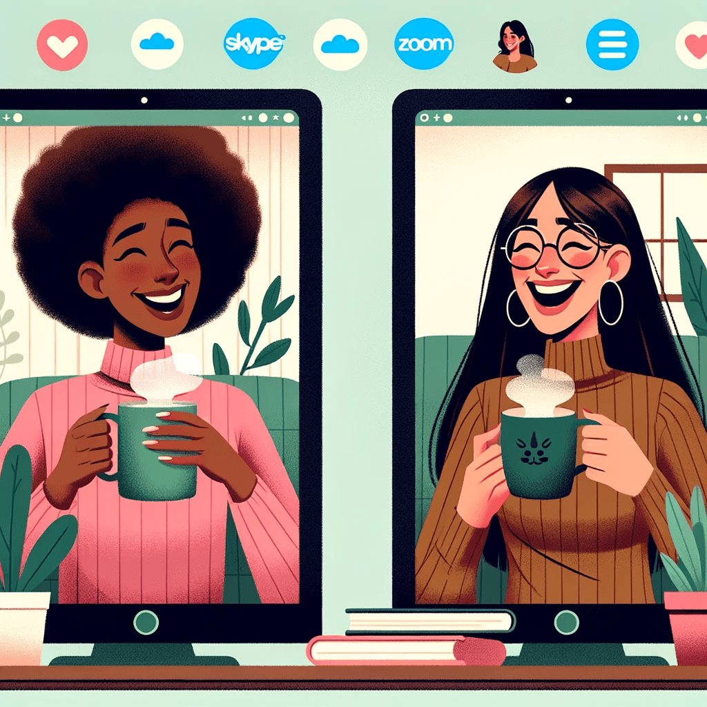 An illustration showing two friends enjoying a virtual catch-up with various app icons floating around them.