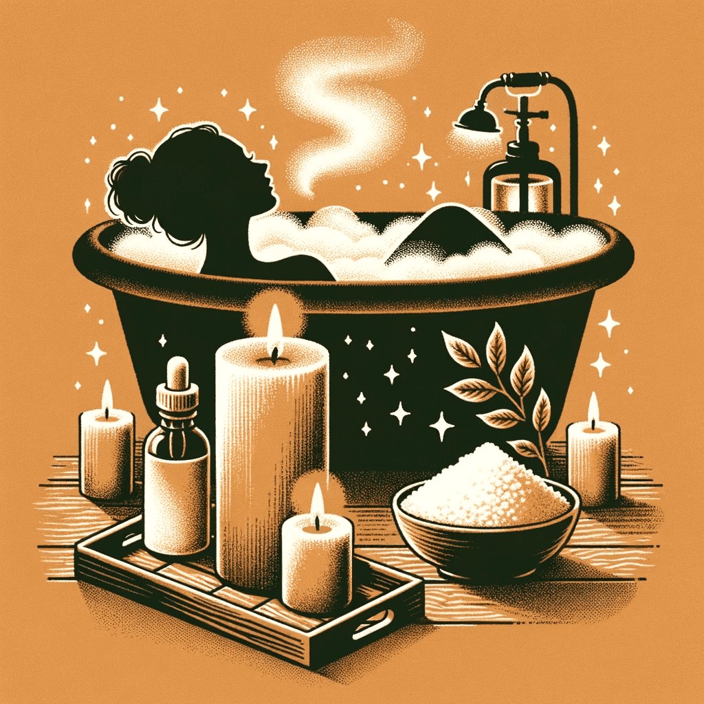 An illustration of a relaxing candle-lit bath with a silhouette of a person