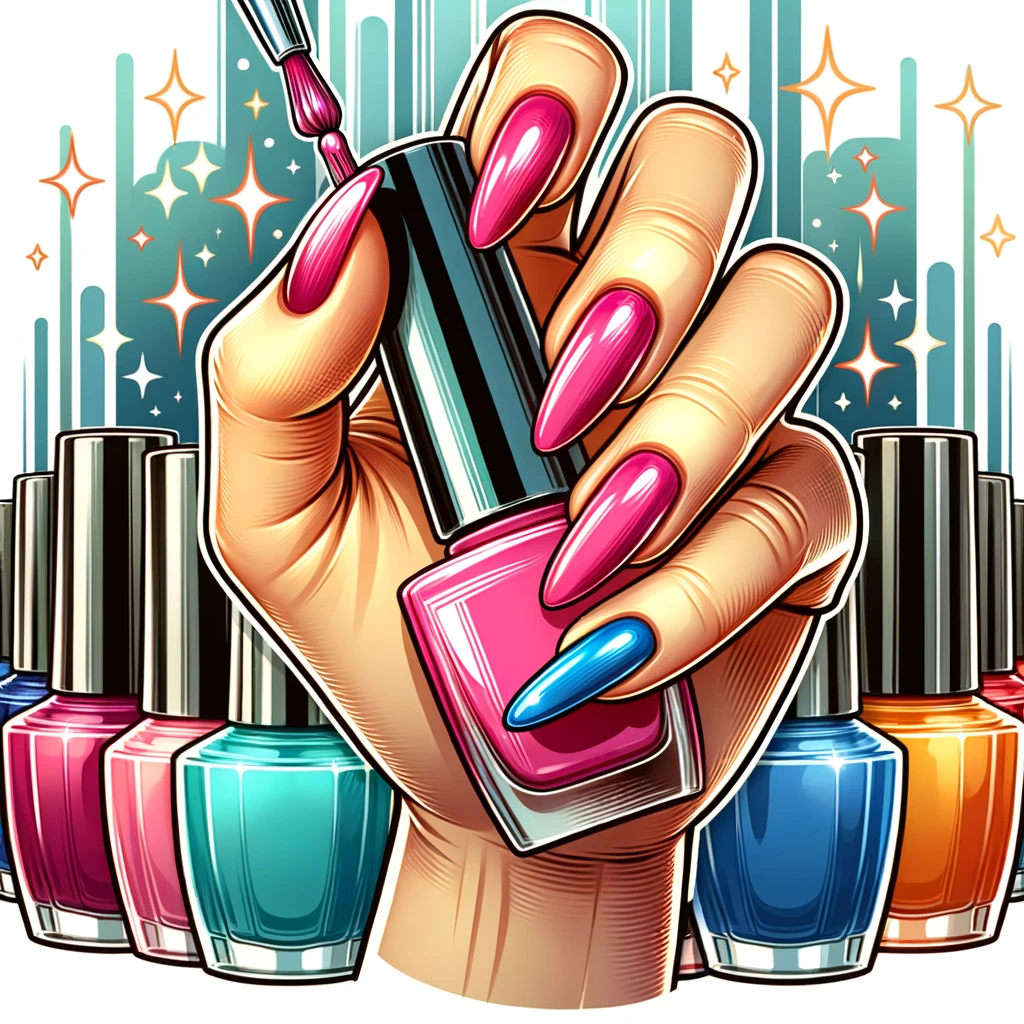 An illustration of a hand with freshly painted nails in a vibrant color, holding a nail polish brush. The background includes a collection of nail polish bottles in various colors.