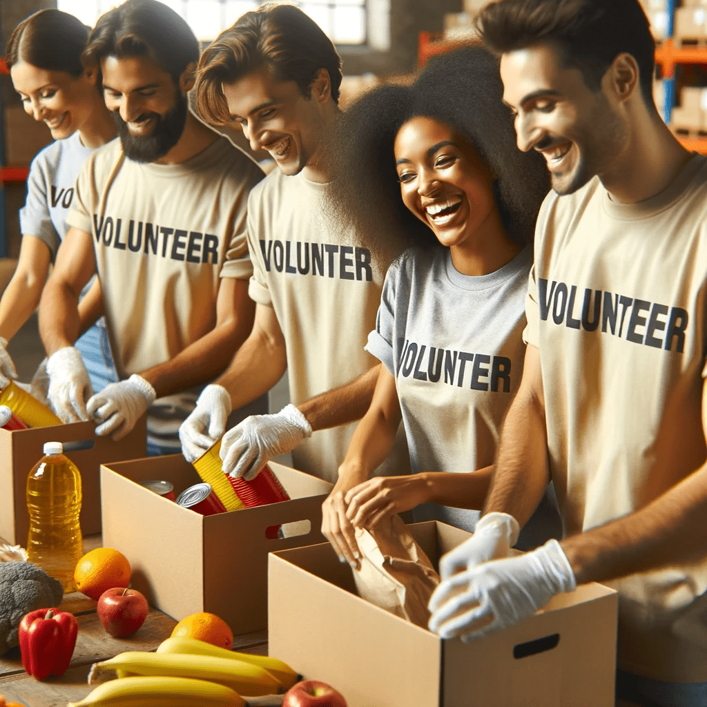 Photo of a diverse group of people wearing volunteer shirts, packing food items into boxes, sharing smiles and laughter as they work.