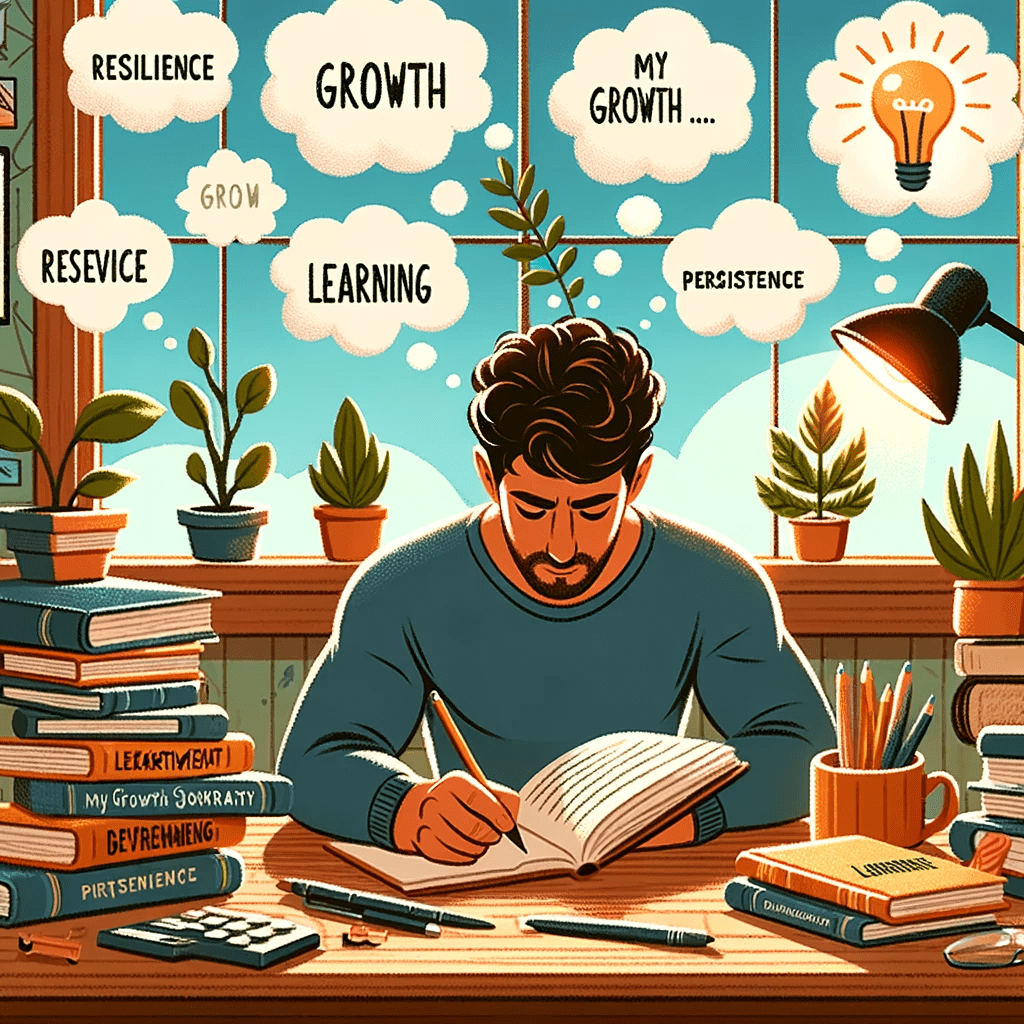 An individual at a desk engrossed in writing within a journal. A lightbulb illustrates a moment of insight, and thought bubbles show words like 'Resilience', 'Learning', and 'Persistence'. A plant signifies growth and a window reveals a sunrise, symbolizing the development of a growth mindset."





