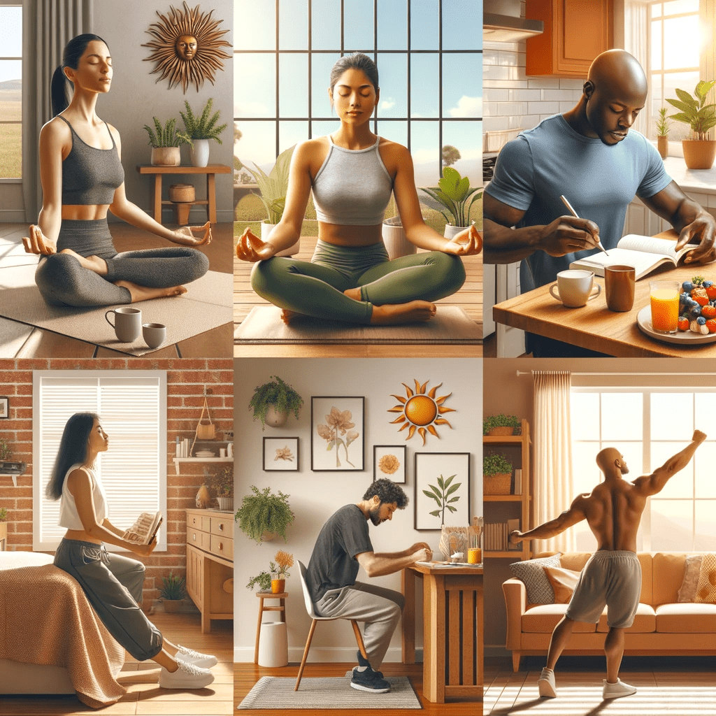 A diverse group of individuals engaging in their morning routine, including two women meditating, a man journaling, a woman and man reading, and a man stretching.