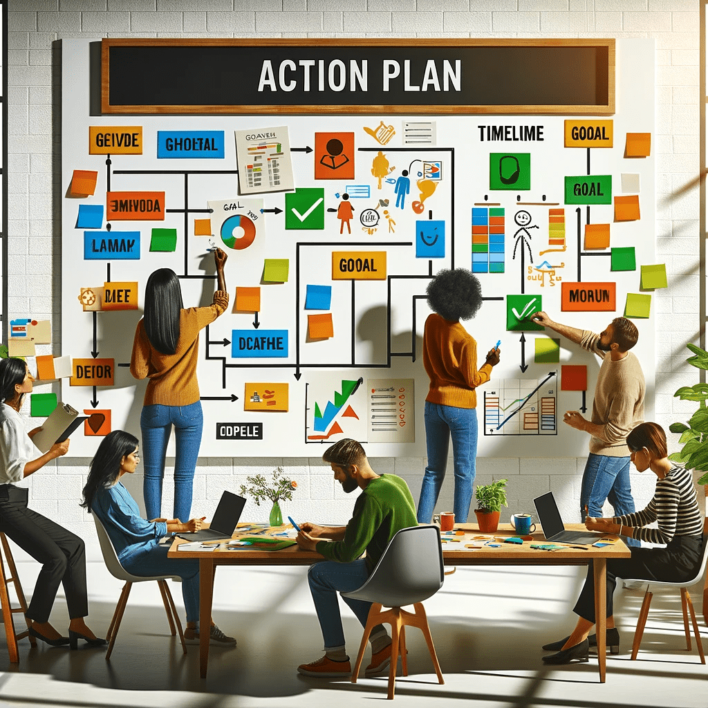 A bright and modern brainstorming session with a diverse group of people working on an action plan. A whiteboard with colorful notes and timelines.